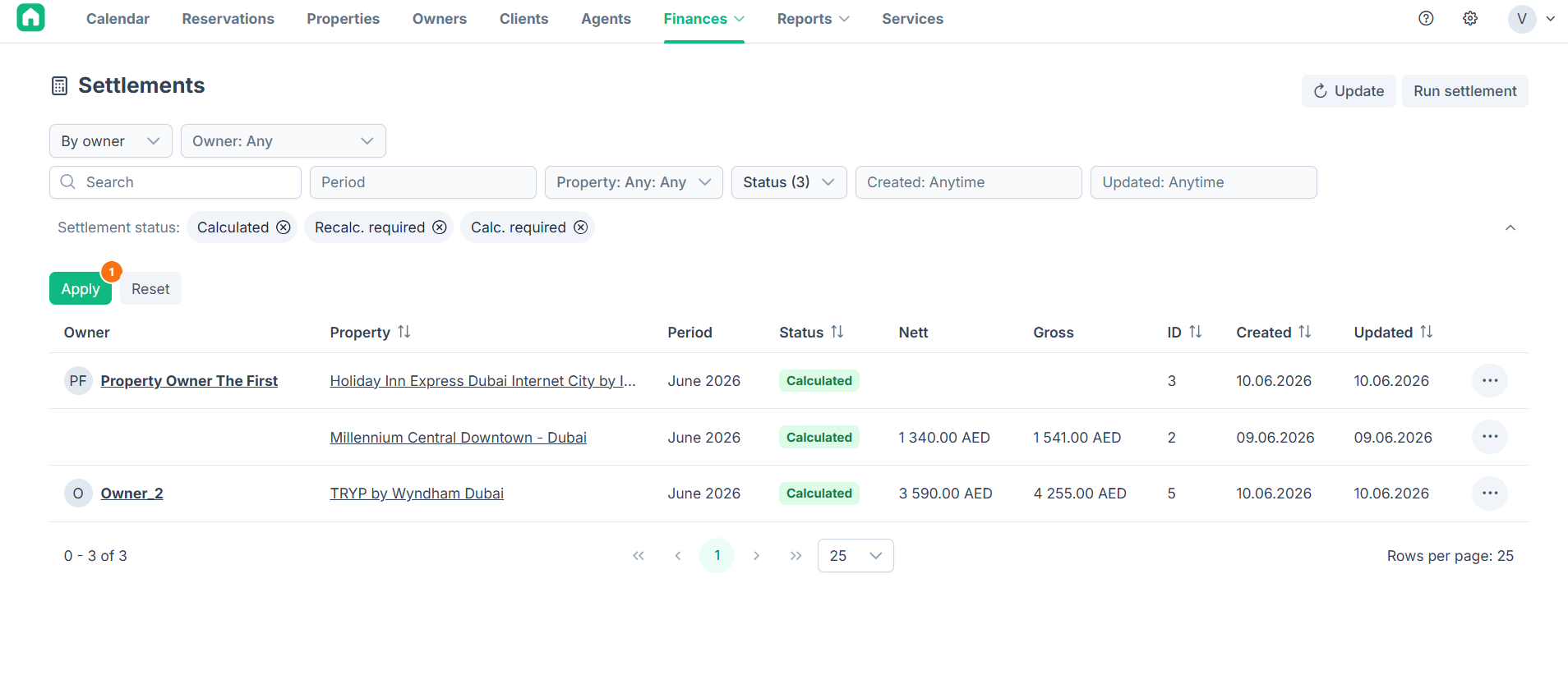 Owner Settlements product interface