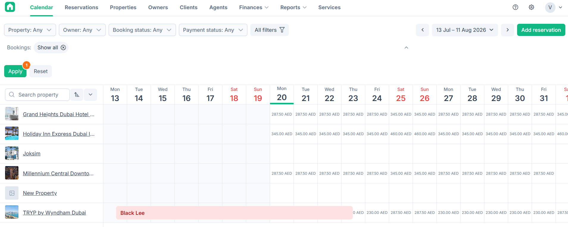 Reservation calendar product interface
